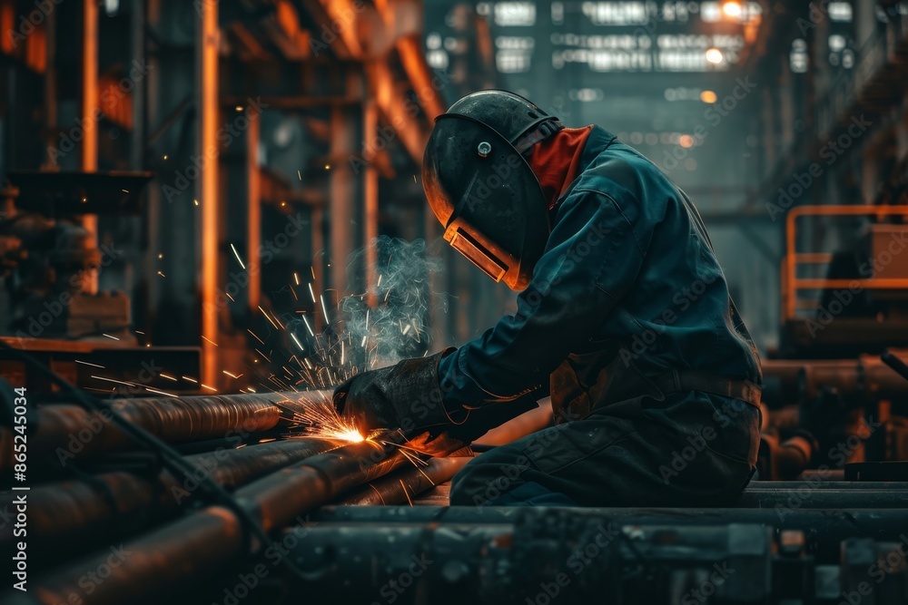 Welder working in shipyard piping shop with office backdrop in dim lighting Welder working in shipyard piping shop with office backdrop in dim lighting