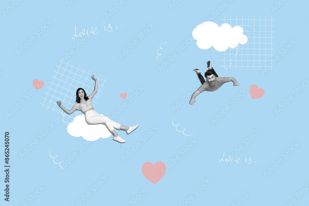 Fototapeta premium Sketch image trend artwork photo collage of valentine day heart love sms like reaction popular lady man date couple dance sky heaven cloud