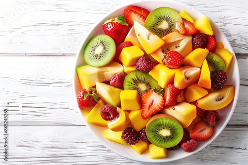 Fruit salad with kiwi, mango and strawberries on a white wooden background in a top view