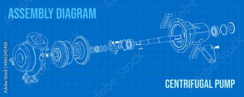 Centrifugal pump blueprint exploded view. Technical drawing
