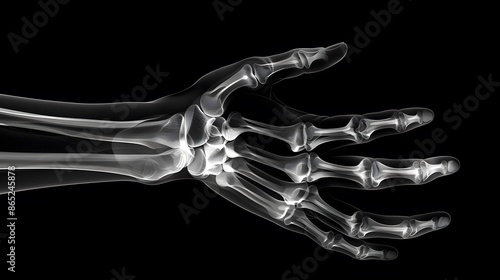 X-Ray of a Hand: X-ray image of a human hand, displaying intricate bone details and joints. 