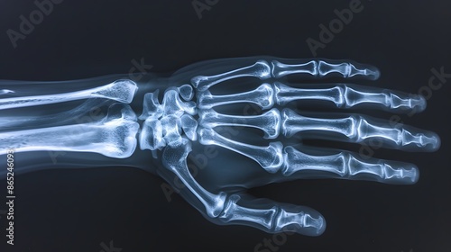 X-Ray of a Hand: X-ray image of a human hand, displaying intricate bone details and joints. 