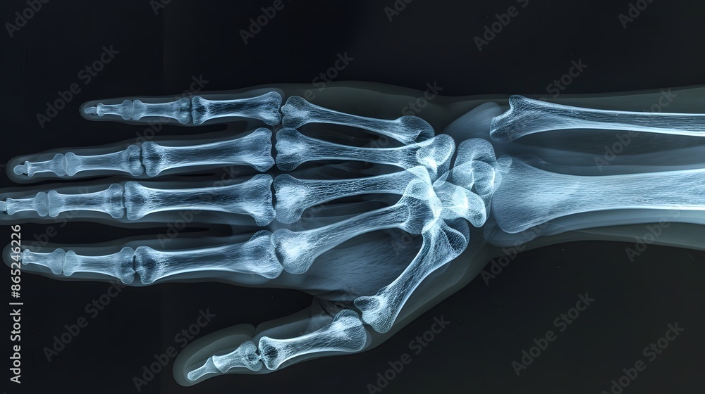 X-Ray of a Hand: X-ray image of a human hand, displaying intricate bone details and joints.
X-Ray of a Hand: X-ray image of a human hand, displaying intricate bone details and joints.
