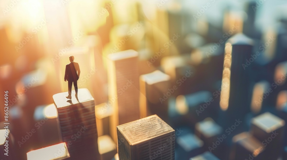 Miniature businessman stepping on success blocks with cityscape shadow vertical business concept Miniature businessman stepping on success blocks with cityscape shadow vertical business concept