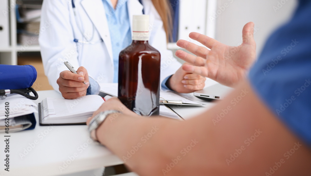Alcoholic hold in arm empty bottle at doctor reception office closeup. Grief and despair of intoxicated for sober life change drunkenness bad habit lifestyle dependence and temperance concept Alcoholic hold in arm empty bottle at doctor reception office closeup. Grief and despair of intoxicated for sober life change drunkenness bad habit lifestyle dependence and temperance concept