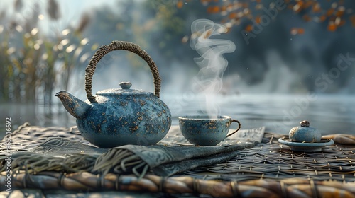 A traditional ceramic teapot with herbal tea in a white kitchen setting