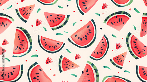 Pink background in a summer theme with pieces of watermelon, cut, in which black bones are visible.
