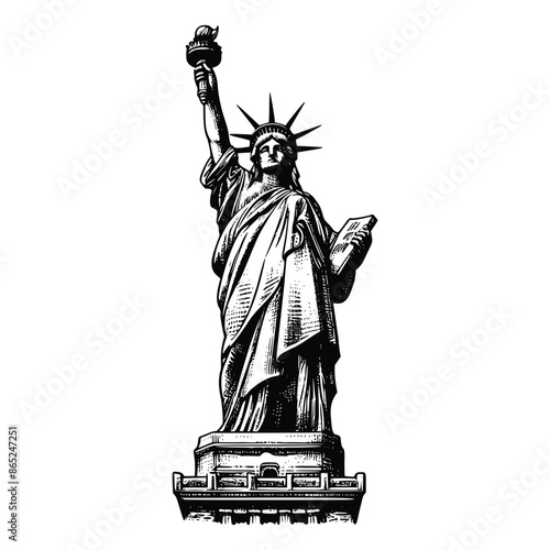 hand drawn statue of liberty illustration. engraving black and white liberty statue vector illustration isolated on white background