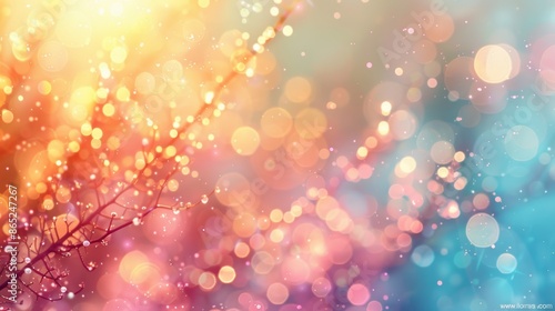 Abstract background with colorful bokeh and a branch of flowers.