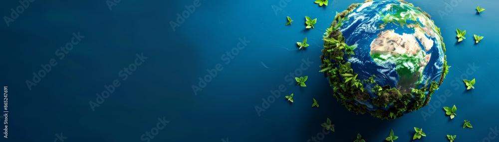 Fototapeta premium Abstract blue background with green globe and floating leaves.