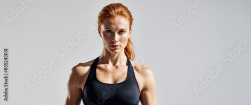 Young fit sexy ginger woman standing isolated on a gray background. Studio portrait of a healthy muscular female.