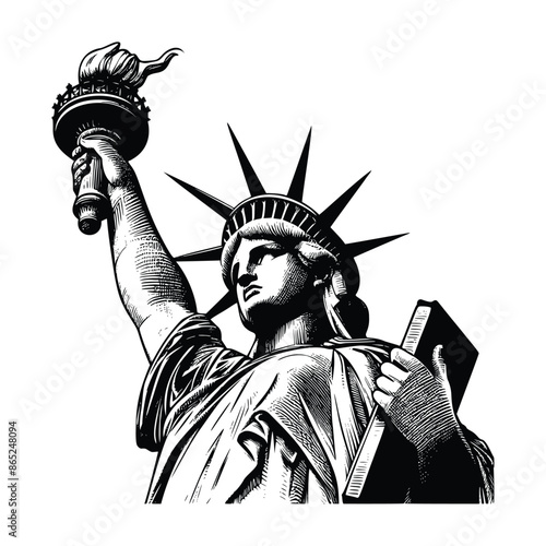hand drawn statue of liberty illustration. engraving black and white liberty statue vector illustration isolated on white background