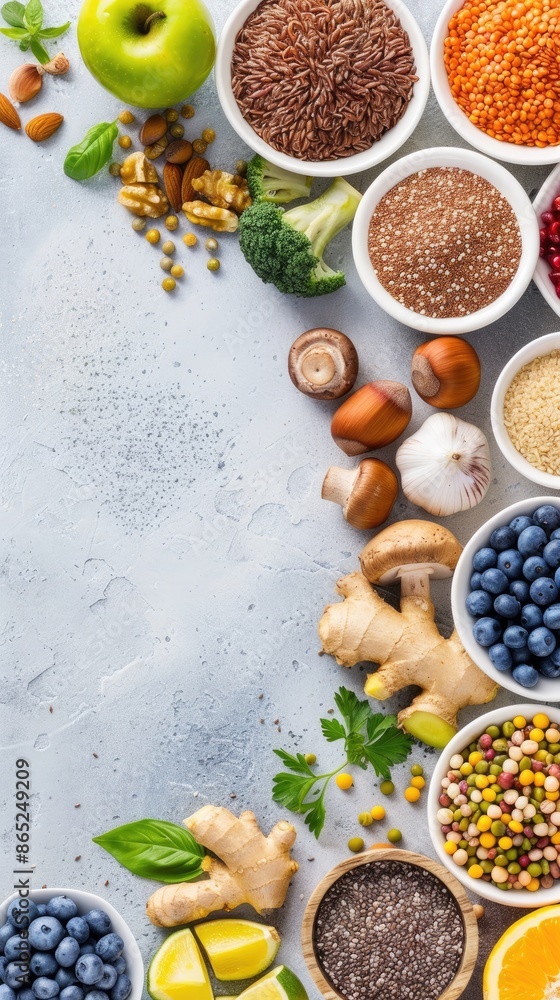A flat lay image of various healthy foods, including chia seeds, pumpkin seeds, almonds, blueberries, and more, arranged on a grey surface A flat lay image of various healthy foods, including chia seeds, pumpkin seeds, almonds, blueberries, and more, arranged on a grey surface