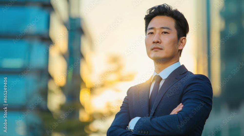 Obraz premium A man in a suit and tie stands in front of a building with his arms crossed