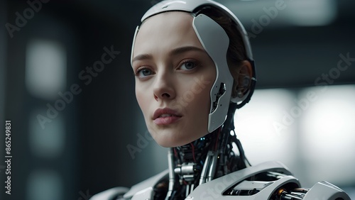 Portrait of female robot on blurred background. Ai Generated