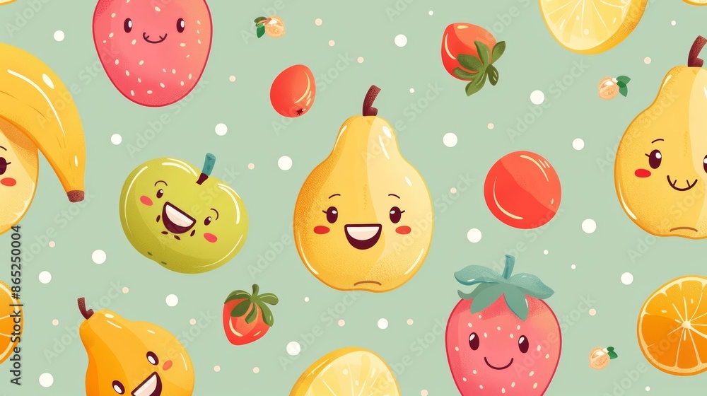 A seamless pattern featuring cute cartoon fruits with happy faces on a light green background. A seamless pattern featuring cute cartoon fruits with happy faces on a light green background.