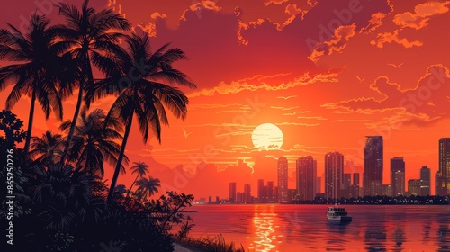 A vibrant sunset paints the sky over a cityscape, with palm trees silhouetted against the fiery hues. A boat sails on the water, reflecting the golden glow.