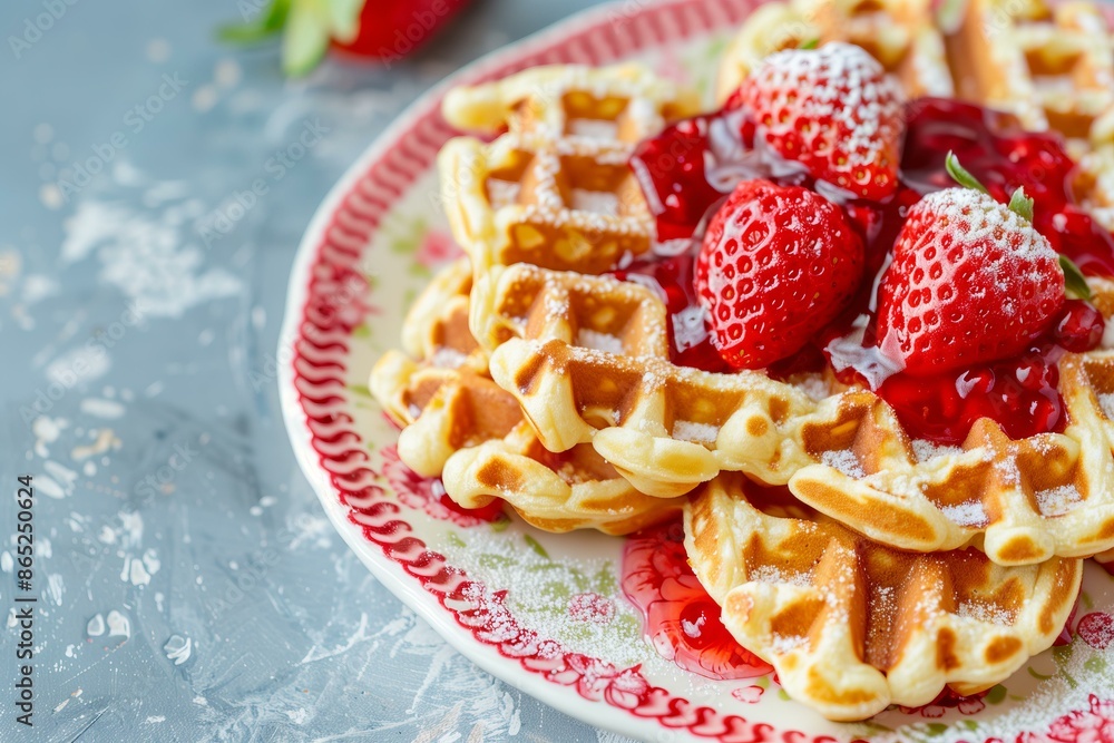 delicious waffles with strawberry jam on top of a retro plate with strawberry print, delicious summer treat delicious waffles with strawberry jam on top of a retro plate with strawberry print, delicious summer treat