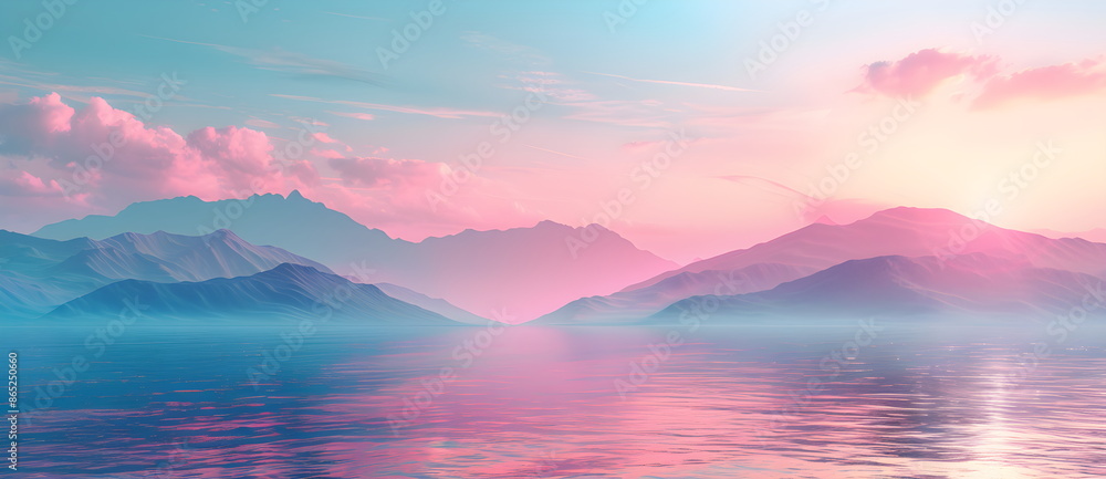 Pink landscape with smooth surface of water. Lake in the sun. Misty hills. The tenderness and beauty of the foggy hills at dawn. Pink landscape with smooth surface of water. Lake in the sun. Misty hills. The tenderness and beauty of the foggy hills at dawn.