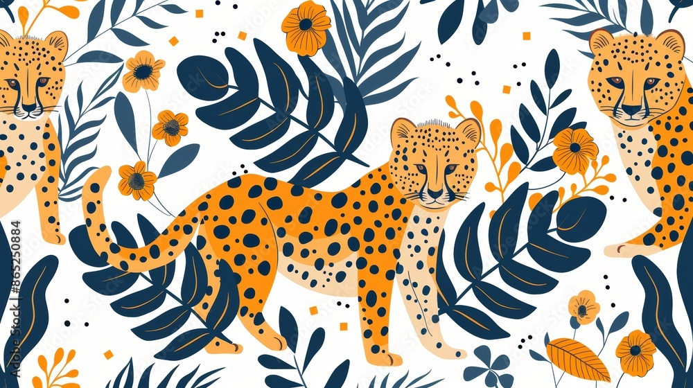 Seamless pattern with leopards, leaves, and flowers on a white background. Seamless pattern with leopards, leaves, and flowers on a white background.