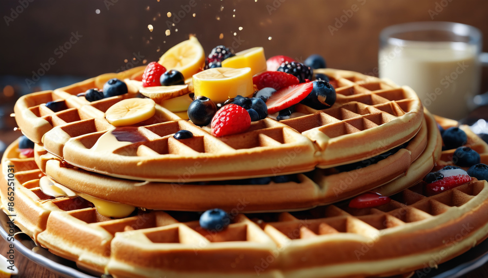 Fototapeta premium Waffle Frenzy: The Exciting Burst of Delicious Waffles in a Flavorful Chaos, Generative AI