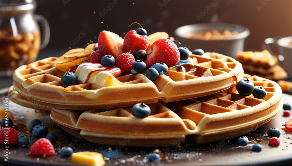 Sweet Symphony: Capturing the Dynamic Explosion of Delicious Waffles, Generative AI Sweet Symphony: Capturing the Dynamic Explosion of Delicious Waffles, Generative AI