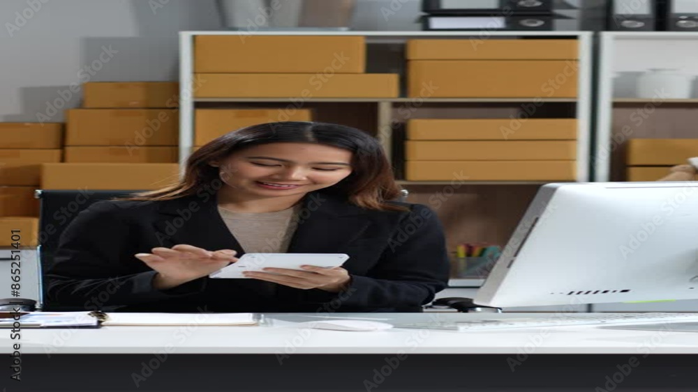 Woman start up online seller owner at workplace. small business entrepreneur SME or freelance asian woman working with box at home. Woman start up online seller owner at workplace. small business entrepreneur SME or freelance asian woman working with box at home.