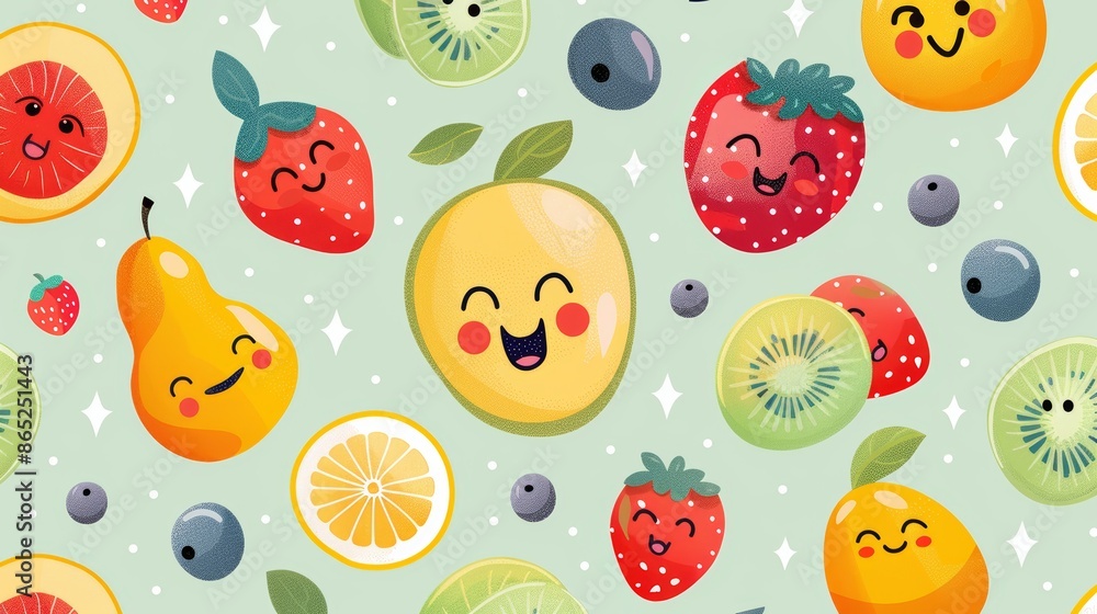 Seamless pattern with cute cartoon fruits on a light green background. Perfect for textile, wrapping paper, and kids' products. Seamless pattern with cute cartoon fruits on a light green background. Perfect for textile, wrapping paper, and kids' products.
