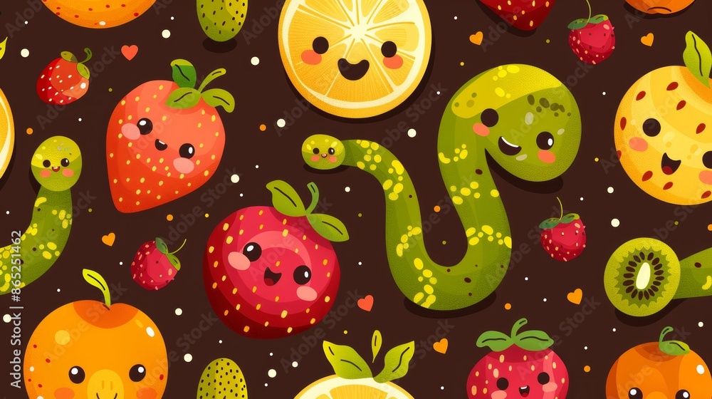 Seamless pattern with cute cartoon fruits and worms on dark background. vector Seamless pattern with cute cartoon fruits and worms on dark background. vector