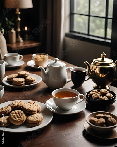 Wallpaper Mural Mesa con tazas de té de café y galletas junto a una ventana en el interior de una casa Torontodigital.ca