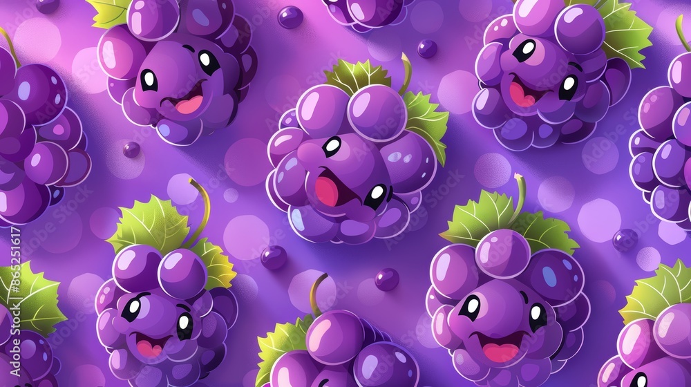 Cute cartoon grapes with smiling faces on a purple background. Cute cartoon grapes with smiling faces on a purple background.