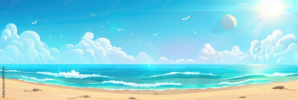 Summer Web Banner. Beach and Blue Sky Background with Abstract Sun and Sea Waves Summer Web Banner. Beach and Blue Sky Background with Abstract Sun and Sea Waves
