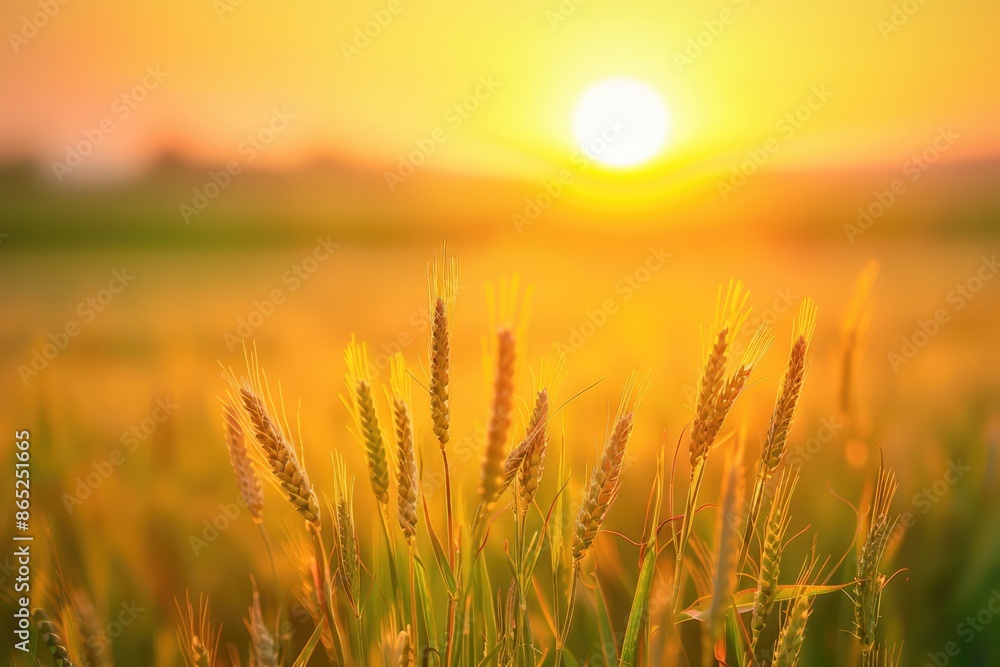 Obraz premium Sunrise Over Wheat Field. Golden Wild Wheat Glowing in Sunlight