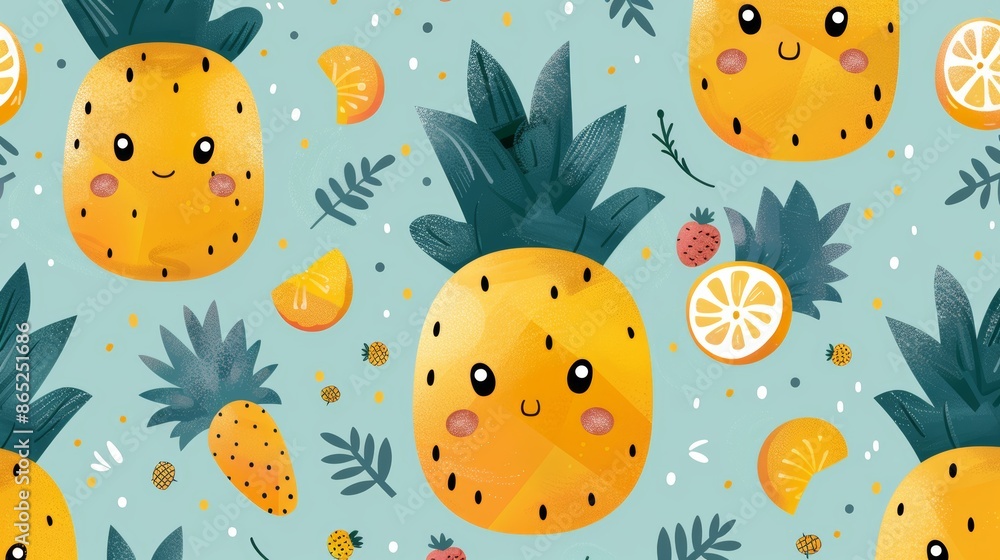 Cute pineapple and tropical fruits seamless pattern on a blue background. Perfect for textile, wallpaper, and packaging design. Cute pineapple and tropical fruits seamless pattern on a blue background. Perfect for textile, wallpaper, and packaging design.