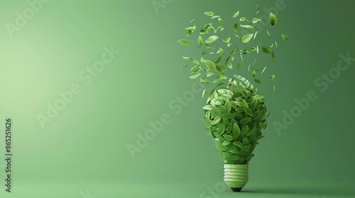 Leafy Lightbulb: Eco-Friendly Concept with Leaves Flying on Light Green Background - Green Energy Bulb