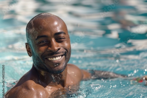 Swimming Adult. Smiling African American Man Enjoying Leisure Time in the Pool © Alona