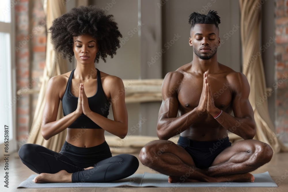 Fototapeta premium Yoga Ethnic. Afro American Beautiful Couple Balancing in Yoga Poses