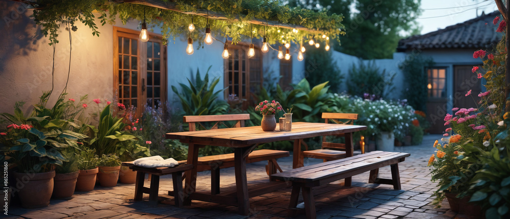 A cozy wooden table on a patio surrounded by blooming plants and fairy lights, depicted with thick oil paint to enhance the inviting and warm ambiance, Generative AI A cozy wooden table on a patio surrounded by blooming plants and fairy lights, depicted with thick oil paint to enhance the inviting and warm ambiance, Generative AI