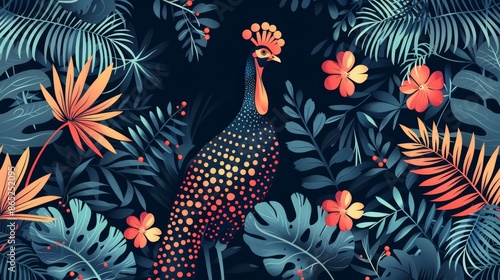 A colorful guinea fowl stands amidst lush tropical foliage and vibrant flowers. The dark background creates a dramatic contrast. photo
