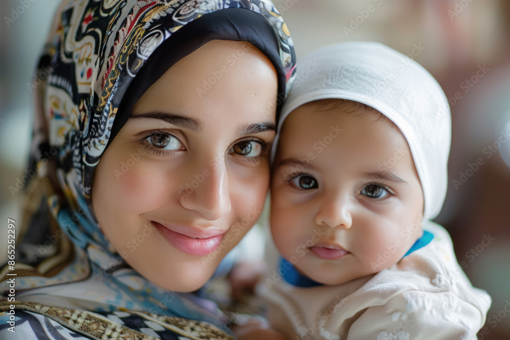 young muslim woman carrying cute happy baby young muslim woman carrying cute happy baby