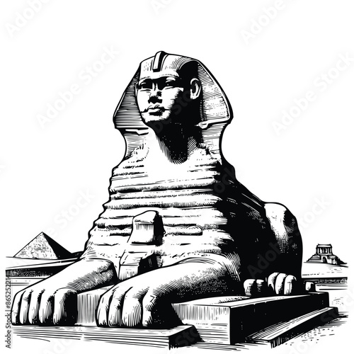 hand drawn Great Sphinx of Giza statue illustration. engraving black and white sphinx statue vector illustration isolated on white background