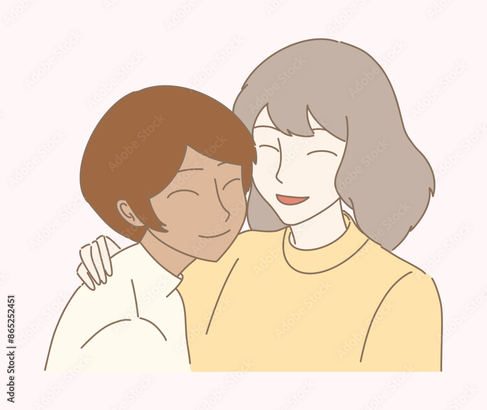 Happy sister, best friends. Multi-ethnic teenage girls hugging. Two young women embracing each other. Hand drawn flat cartoon character vector illustration. Happy sister, best friends. Multi-ethnic teenage girls hugging. Two young women embracing each other. Hand drawn flat cartoon character vector illustration.