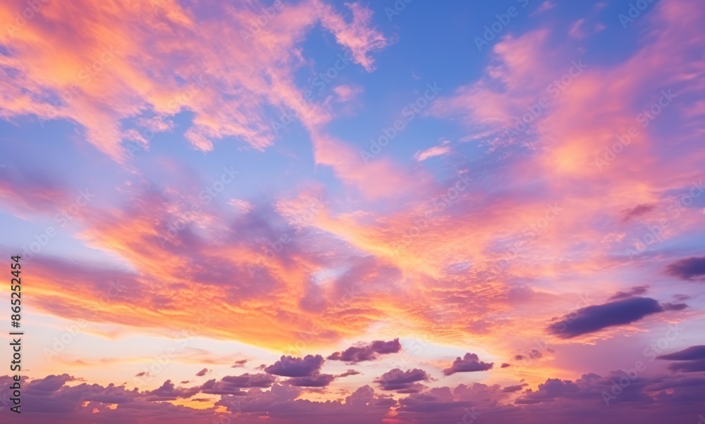 Obraz premium Sunset Sky Clouds in the evening with Red, Orange, Yellow and purple sunlight on Golden hour after sundown, Romantic sky in summer on Dusk Twilight