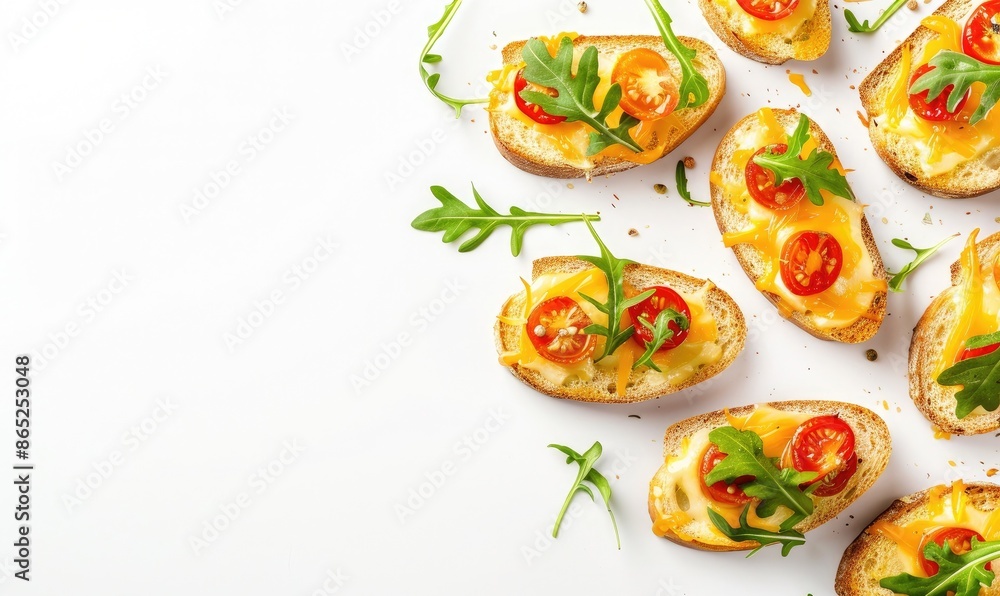 Delicious appetizers with cherry tomatoes and arugula on toasted bread, on a white background. Perfect for party snacks and catering. Delicious appetizers with cherry tomatoes and arugula on toasted bread, on a white background. Perfect for party snacks and catering.