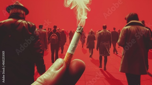 A person holds a smoking cigarette amidst a crowd walking in a surreal, red-tinted environment. Smoky, abstract, and atmospheric scene. photo