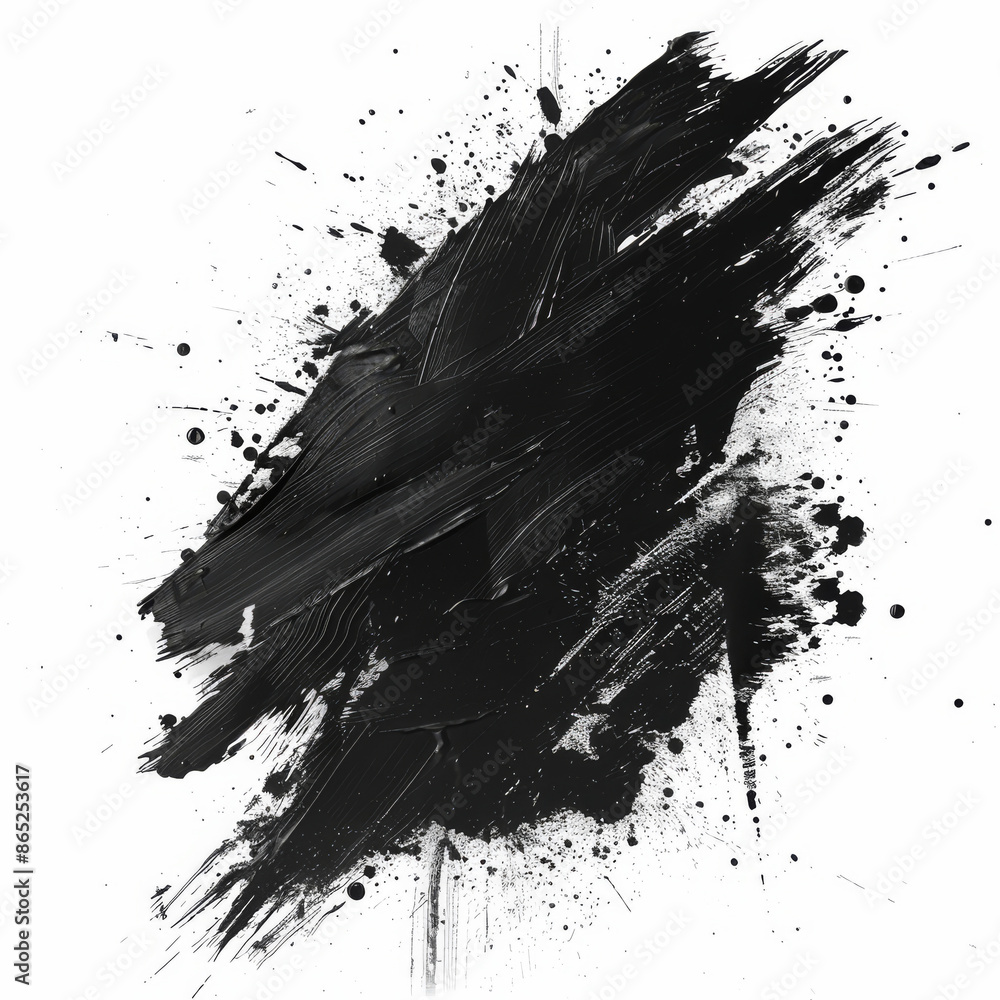 Abstract black ink splash with paint brush strokes and stain grunge, isolated on a white background. Abstract black ink splash with paint brush strokes and stain grunge, isolated on a white background.