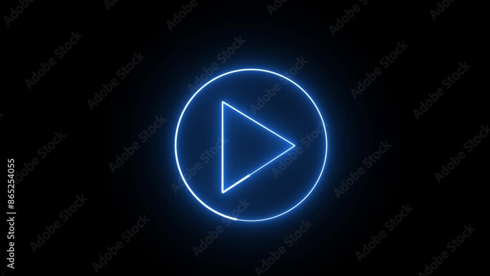 Glowing blue neon flickering play button sign. Bright neon play button animated blinking icon Glowing blue neon flickering play button sign. Bright neon play button animated blinking icon