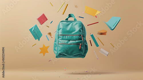A turquoise backpack surrounded by floating school supplies against a beige background, representing school, education, and preparation. Useful for back-to-school promotions and educational content.