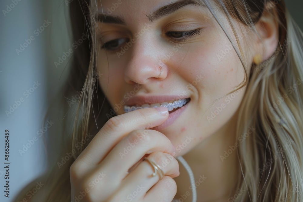 Woman applying invisible braces Woman applying invisible braces
