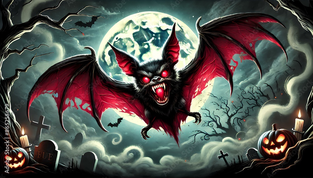 A vampire bat with red glowing eyes and a scary face showing sharp ...
